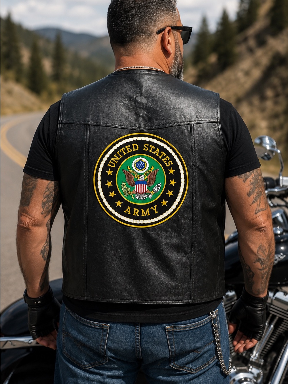 K&S Unique Men’s 2XL Black Leather Motorcycle Biker Vest Army Patch